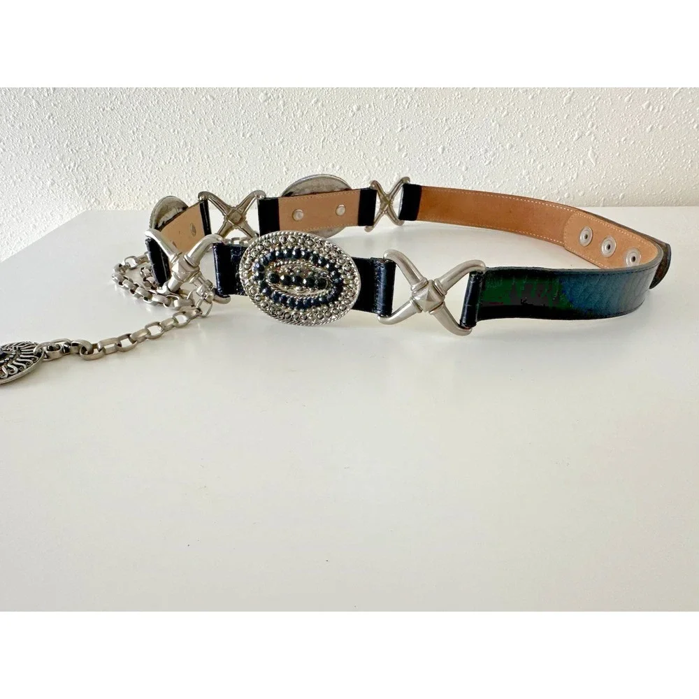 Streets Ahead Belt Silver Metal Chain & Rhinestone Black Leather STATEMENT 32 in